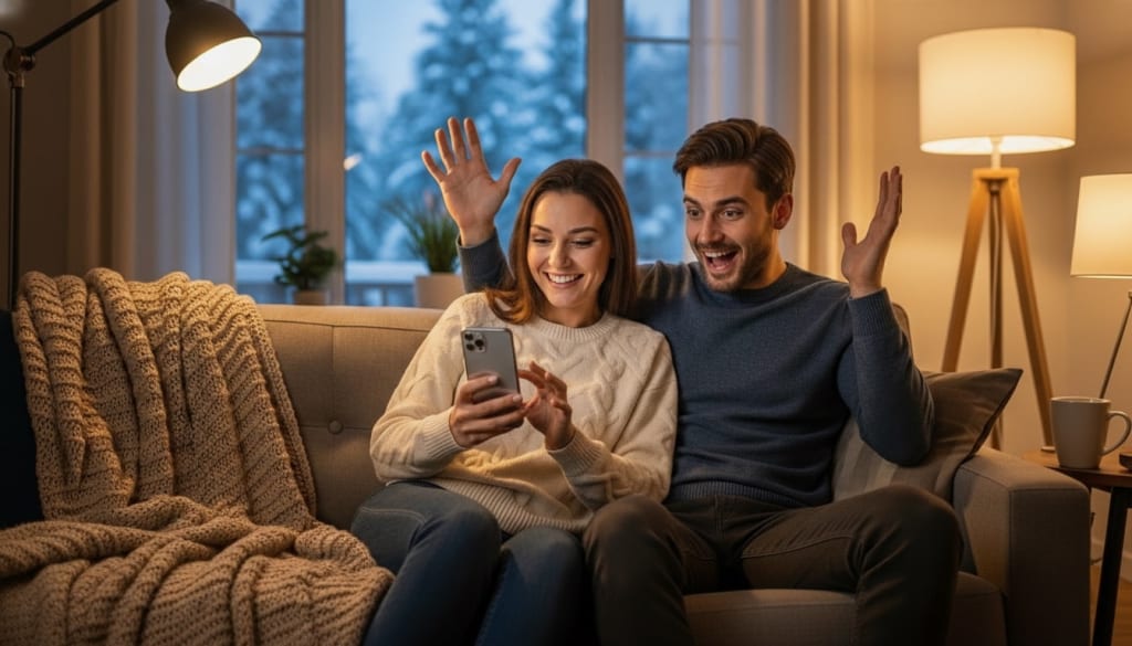 Lotto 649 Canada Couple celebrating a Lotto 649 Gold Ball jackpot win together at home in Canada